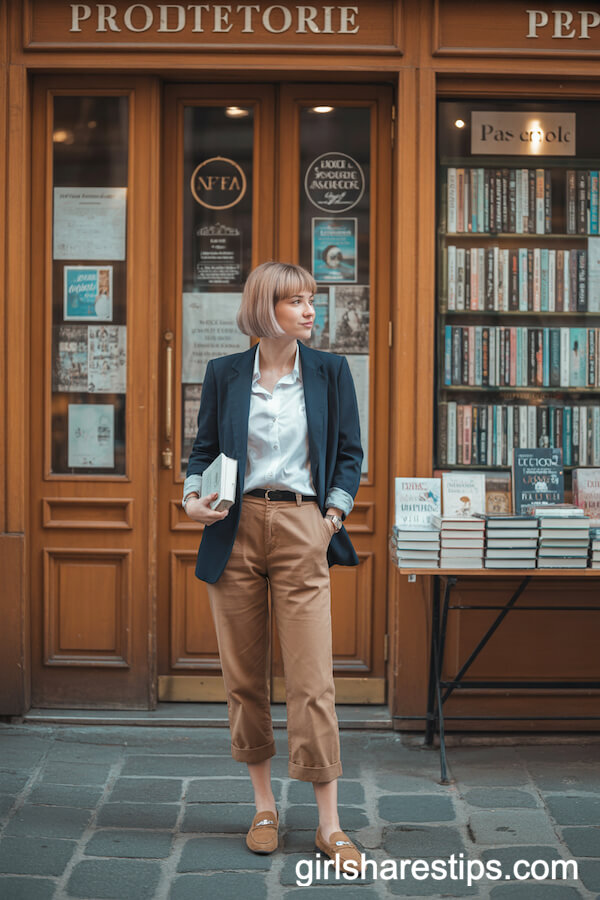 Navy Blazer and Cropped Chinos at a Parisian Bookstore