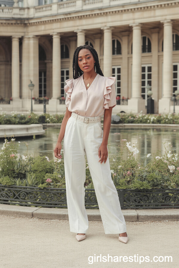 Pink Ruffled Blouse and White Trousers in Palais Royal Gardens