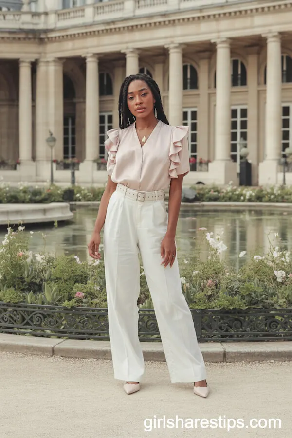 Pink Ruffled Blouse and White Trousers in Palais Royal Gardens