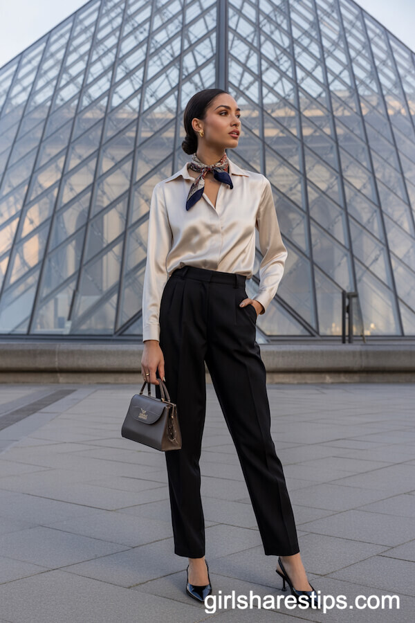 Classic Silk Scarf and Tailored Black Trousers at the Louvre