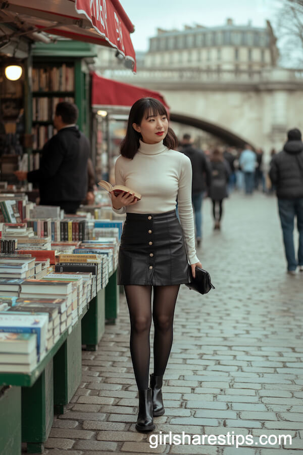 Mini Skirt and Turtleneck Strolling by the Seine Bookstalls