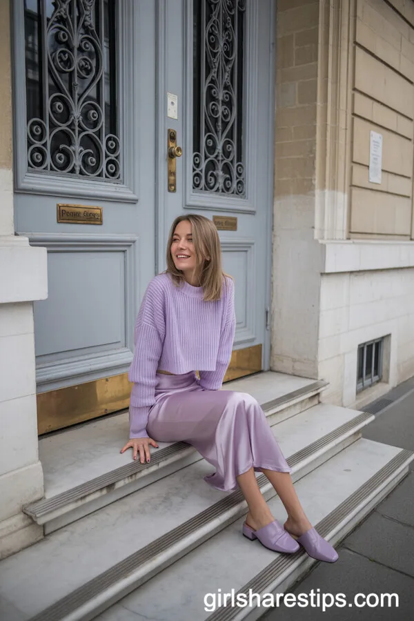 Cropped Lilac Sweater and Slip Skirt for Sunlit Spring Steps