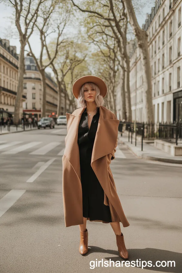 Camel Wrap Coat Over Black Midi Dress for Avenue Strolls