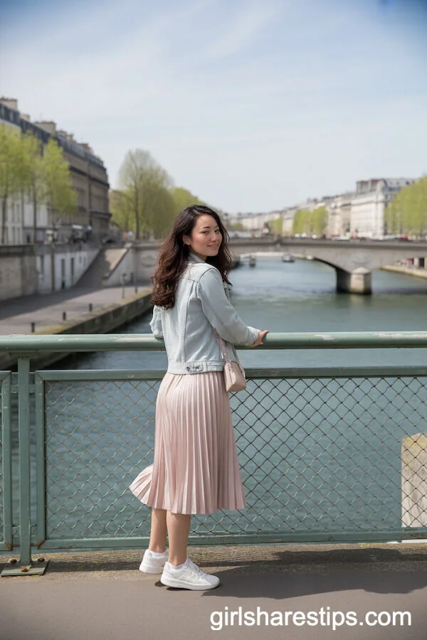 Blush Pink Midi Skirt With Denim Jacket on the Seine