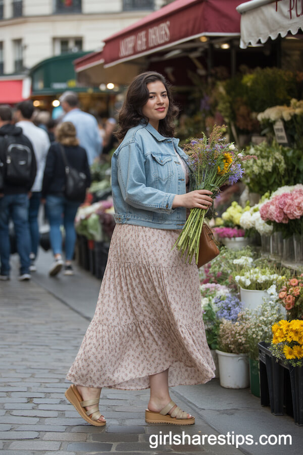 Floral Maxi Dress Layered With Vintage Denim at a Flower Market