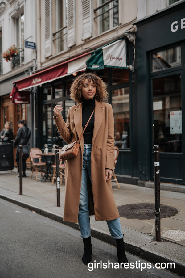 Camel Wool Coat with Black Turtleneck and Slim Jeans