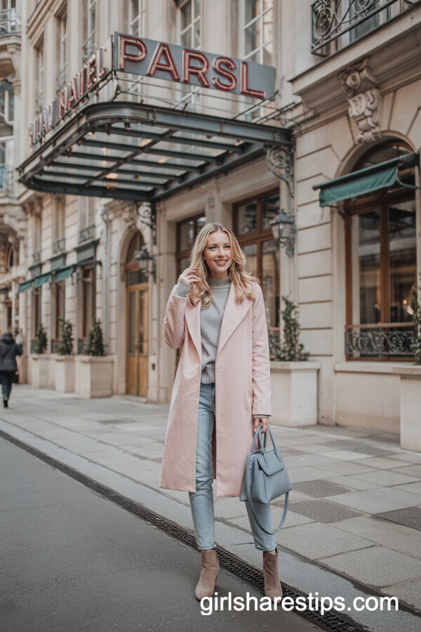 Pastel Pink Coat and Light Denim Style