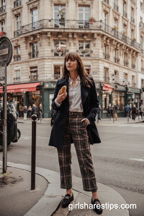 Navy Peacoat and Tartan Plaid Pants Look