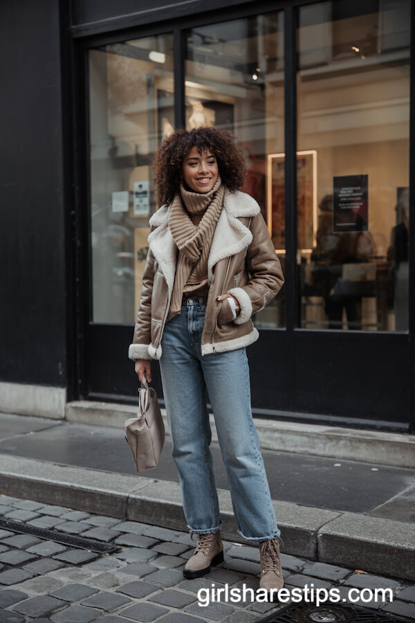 Shearling Aviator Jacket and Chunky Knit Scarf