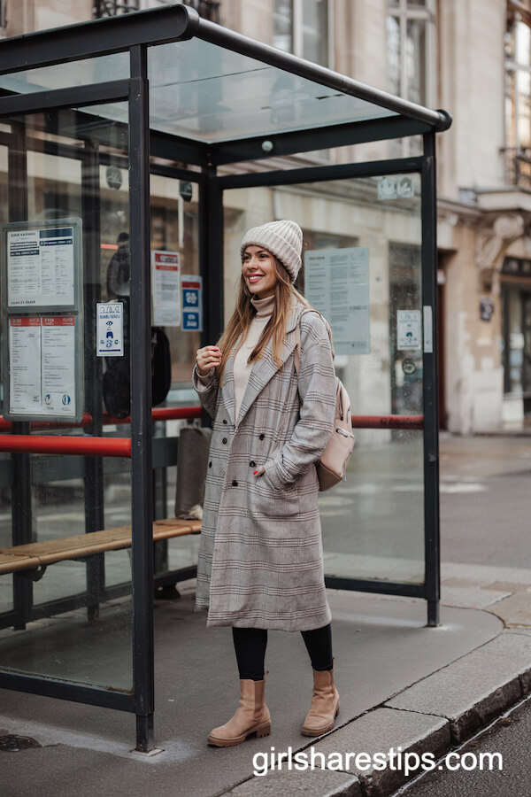 Gray Check Coat and Leggings with Beanie