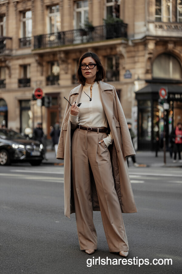 Layered Neutrals and Taupe Wide-Leg Trousers
