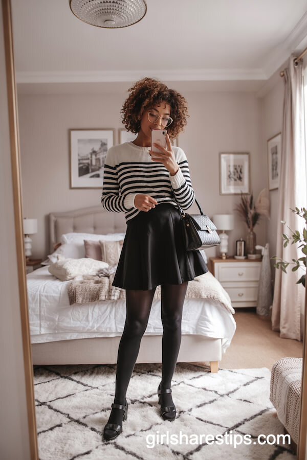Parisian Striped Sweater with Black A-Line Skirt