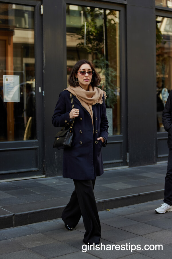 Double-Breasted Navy Coat and Knit Scarf Ensemble