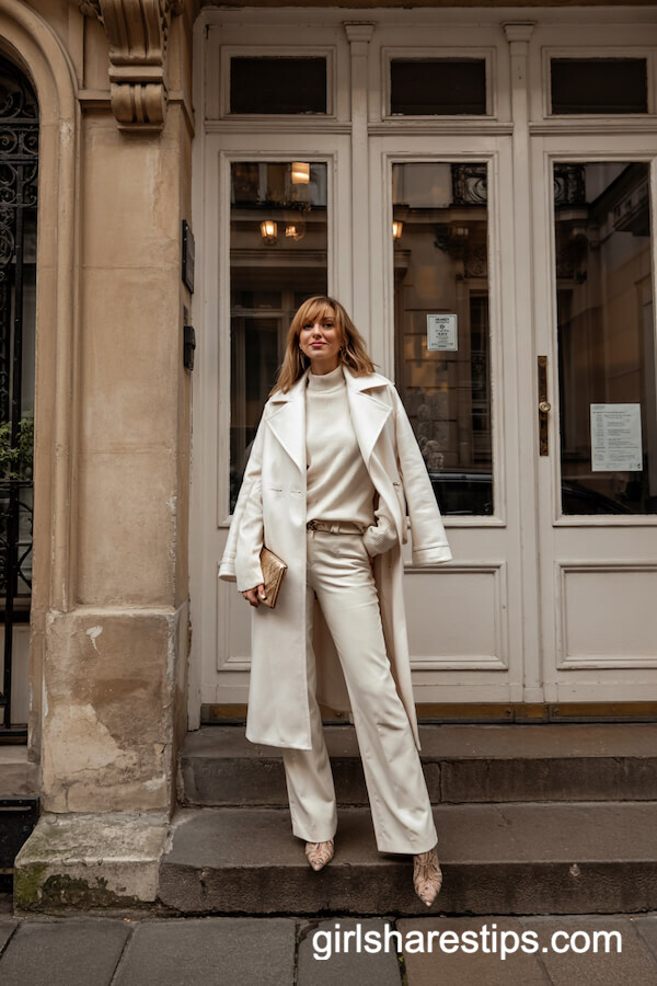 White Belted Coat and Cream Tones Ensemble