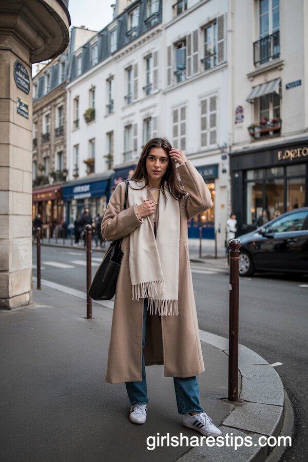 Beige Coat with White Scarf and Sneakers