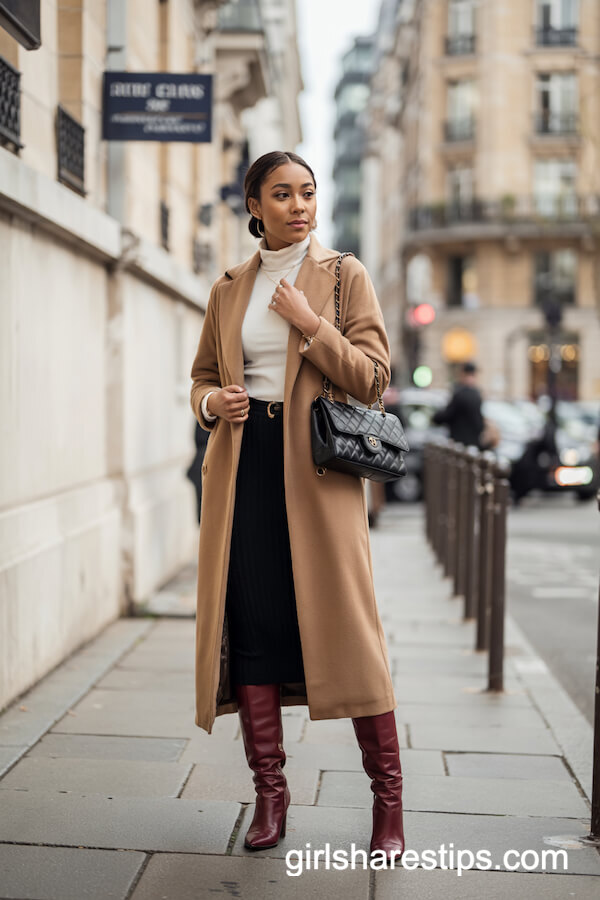 Camel Coat with Black Knit Skirt and Burgundy Boots