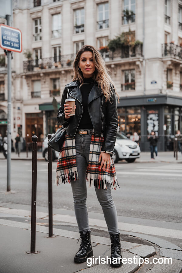 Leather Moto Jacket and Plaid Scarf Style