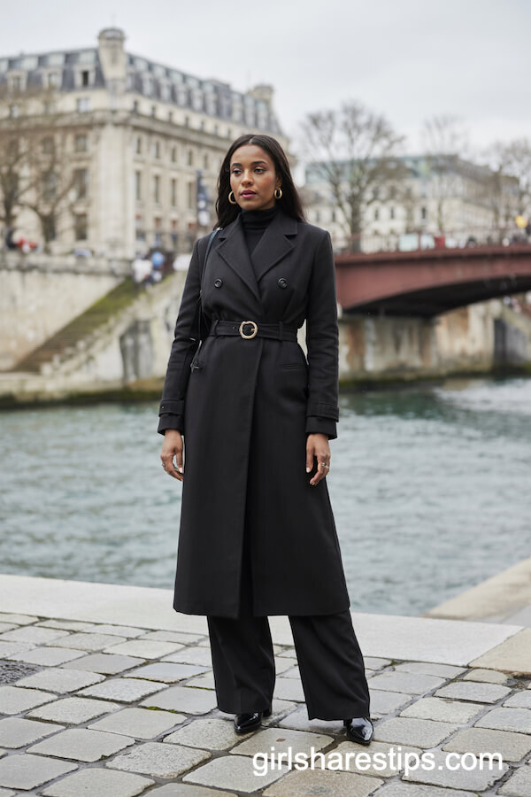All-Black Wool Coat and Wide-Leg Trousers Look