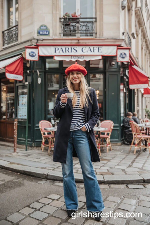 Navy Peacoat and Striped Sweater with Flared Jeans