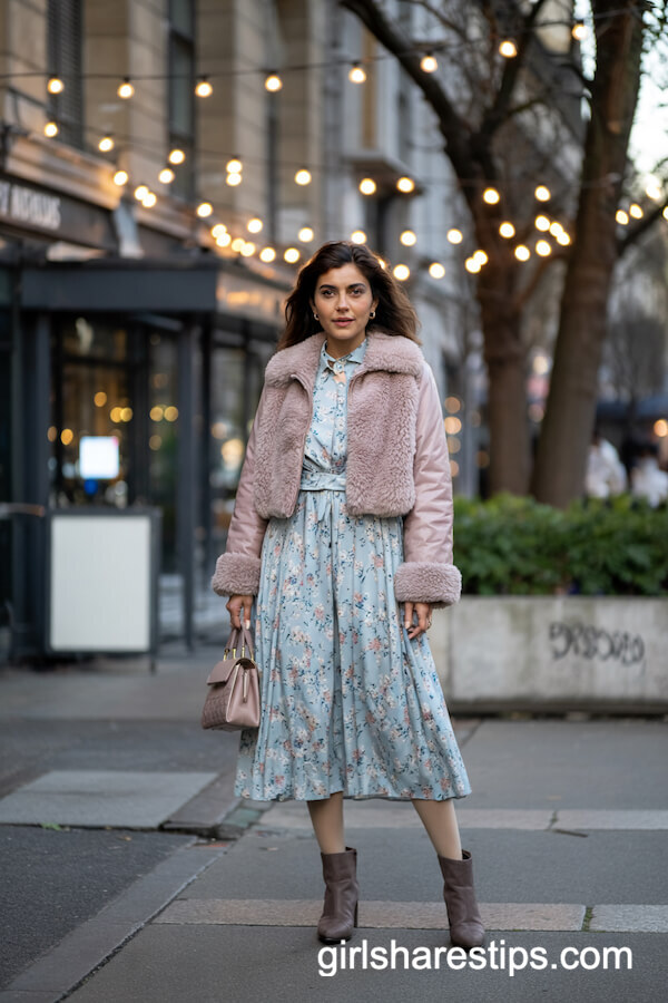 Floral Midi Dress and Faux Fur Jacket Combo