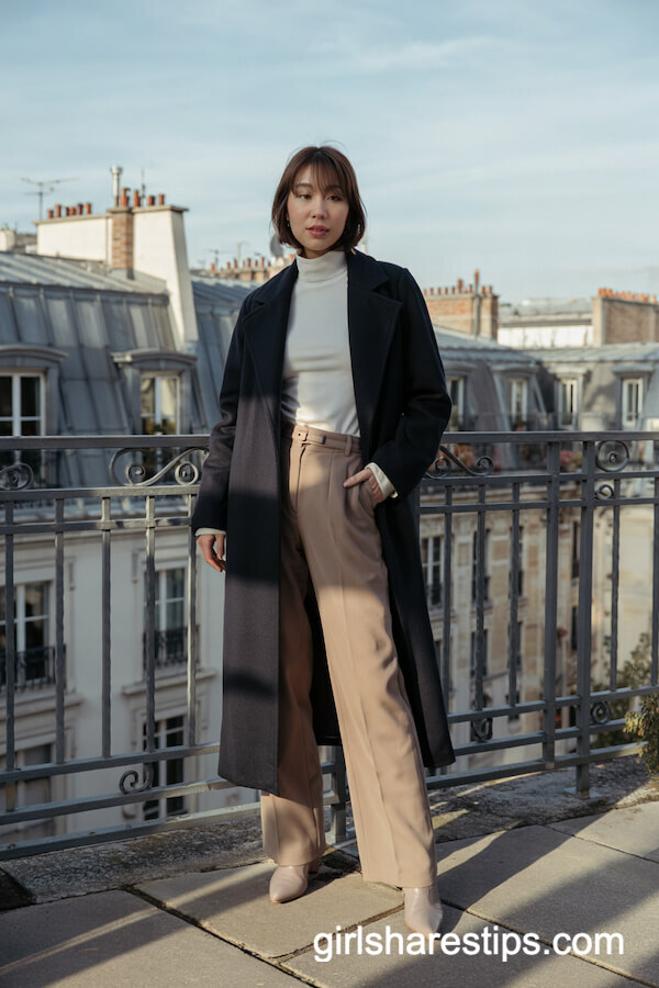 Navy Coat and Tailored Beige Pants Outfit