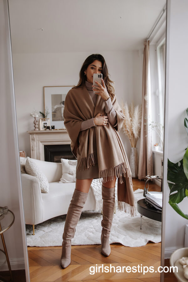 Cashmere Wrap with Mini Skirt and Thigh-High Boots