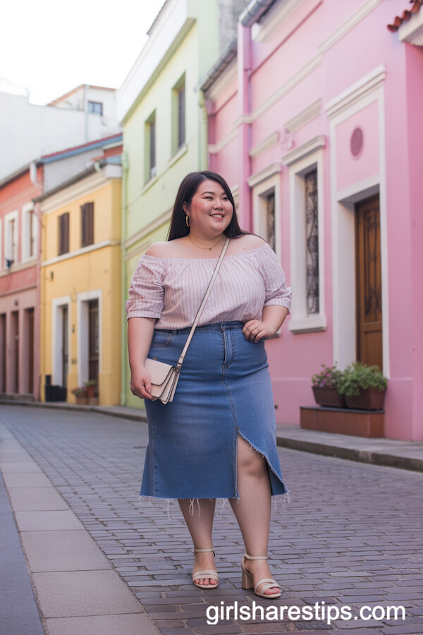 Pastel Off-Shoulder Top and Denim Midi Skirt