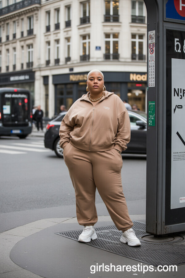 Monochrome Tan Tracksuit and Statement Hoops