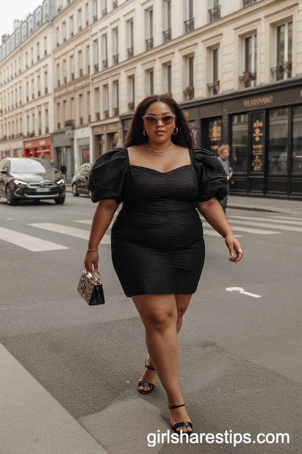 Fitted Black Mini Dress with Puff Sleeves