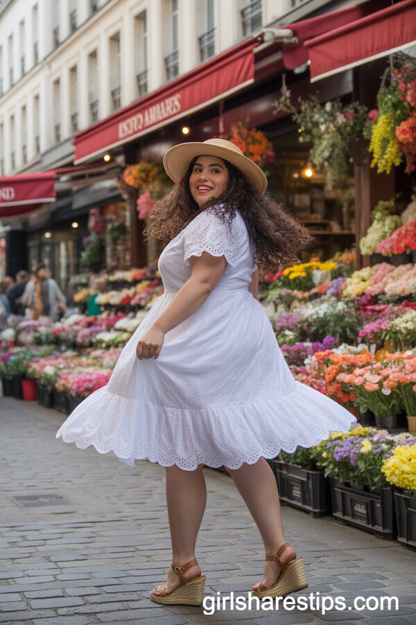 White Eyelet Dress with Straw Sunhat