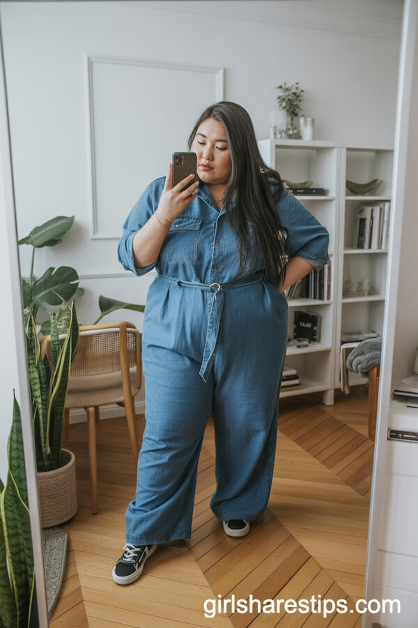 Belted Denim Jumpsuit with Sneakers