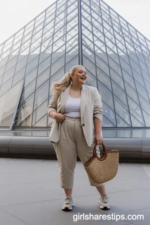 Beige Linen Suit with Chunky Sneakers