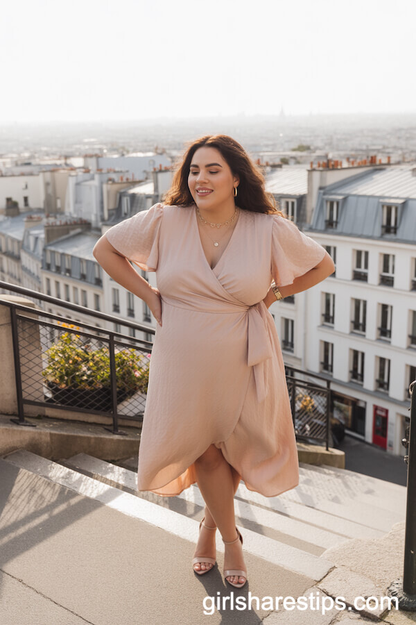 Blush Pink Wrap Dress and Gold Jewelry