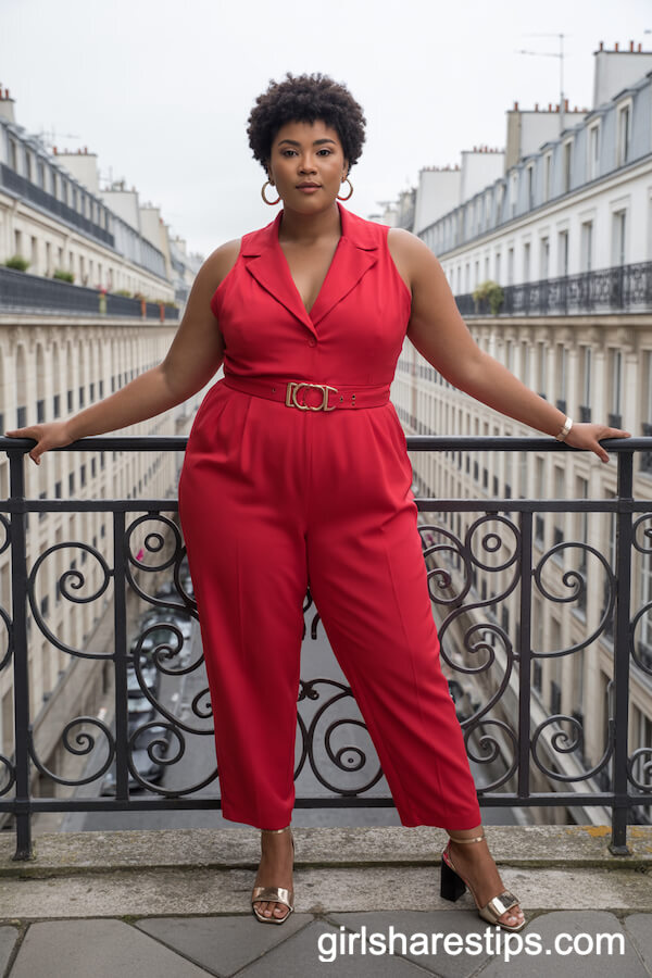 Vibrant Red Jumpsuit with Gold Accents