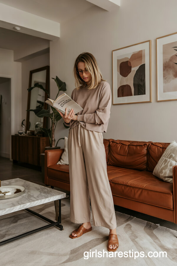 Wide-Leg Pants and Taupe Crewneck