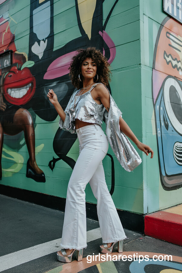Silver Sequin Crop Top & Flared White Pants