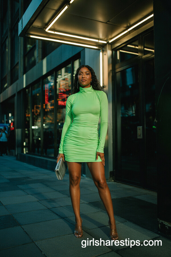 Neon Green Ruched Mini Dress & Clear Heels
