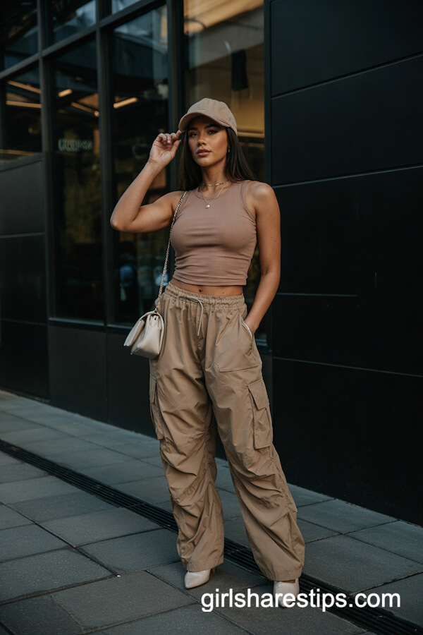 Nude Ribbed Tank & Tan Cargo Pants