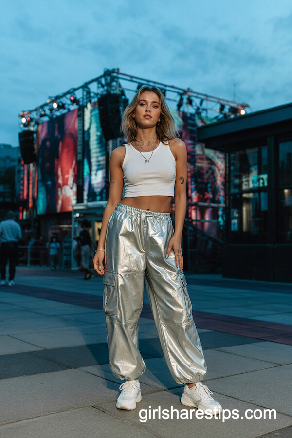 Metallic Cargo Pants & White Ribbed Crop Top