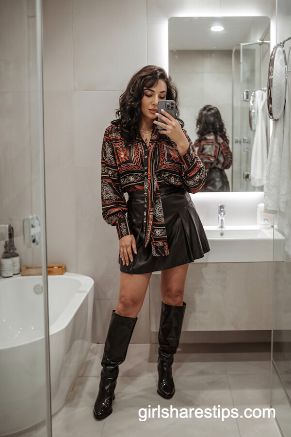 Patterned Blouse & Faux Leather Mini Skirt