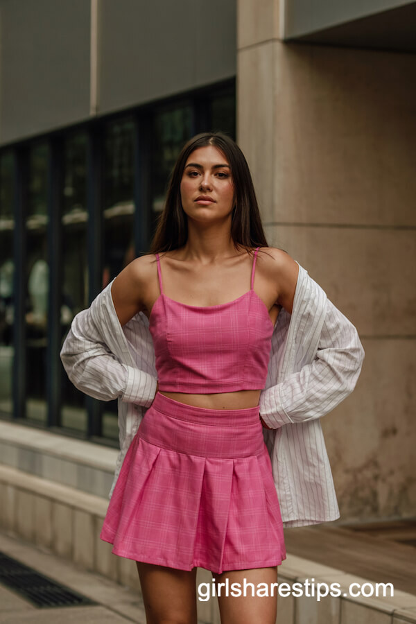 Hot Pink Plaid Crop Top & Pleated Skirt Set
