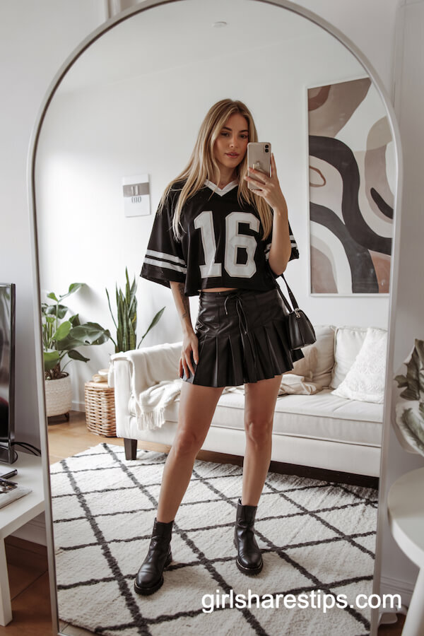 Black Cropped Jersey & Pleated Mini Skirt