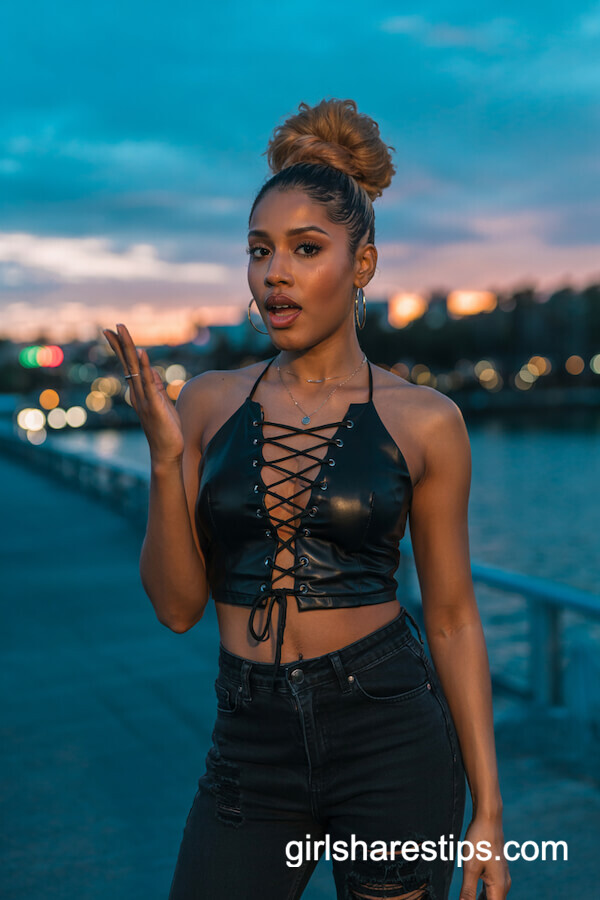 Leather Lace-Up Halter Top & Faded Black Jeans