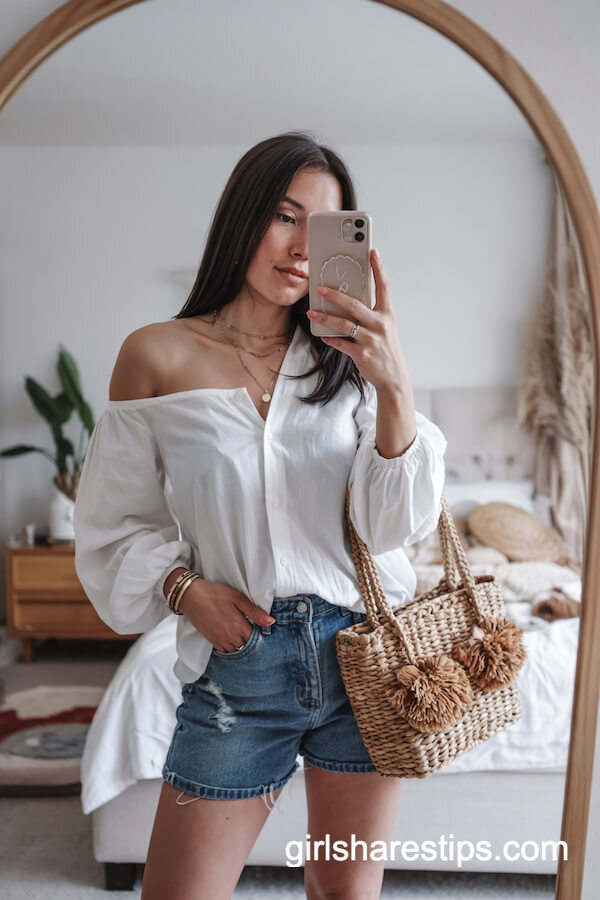 Off-Shoulder Blouse & Denim Cut-Off Shorts