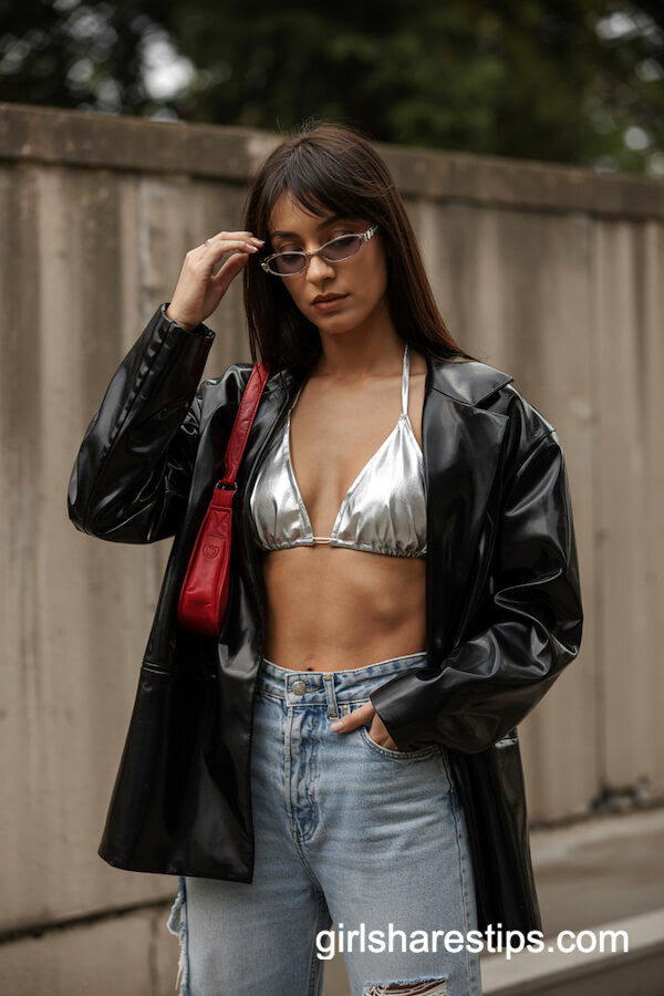Black Leather Blazer & Metallic Bikini Top with Ripped Jeans