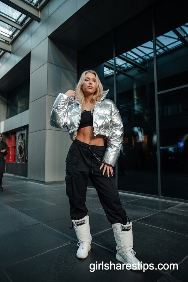 Silver Metallic Puffer Jacket & Black Cargo Shorts