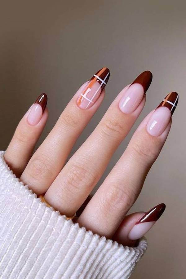 Brown Plaid French Tip Nails