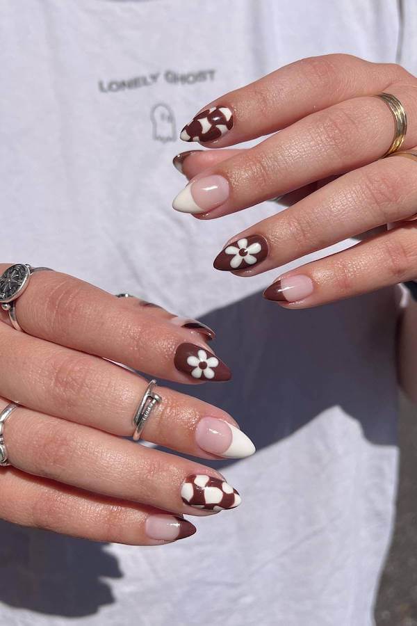 Brown and White Floral French Tips