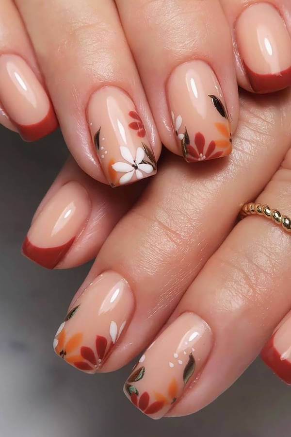 Fall Flower French Tip Nails