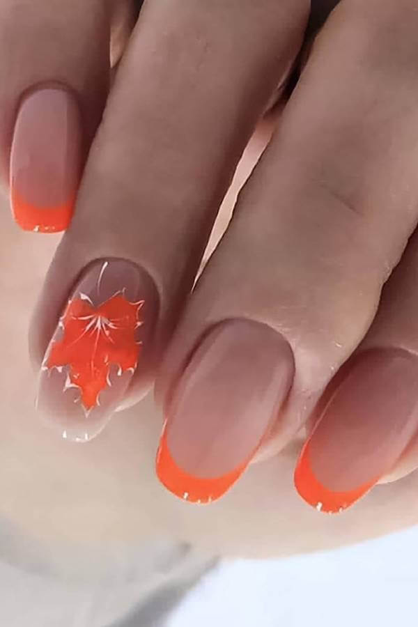Orange Leaf French Tip Nails